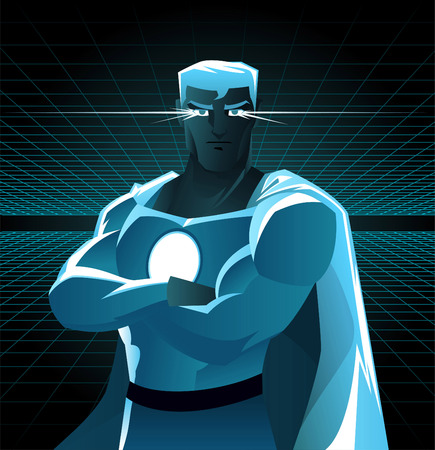 Superhero galaxy with shining eyes and blue costume in between dimensions galaxy power. With blue costume and light blue cape, black belt and superhero power on its chest vector illustration.のイラスト素材