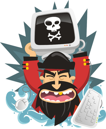 Computer pirate holding a hacked computer with the pirate skull.のイラスト素材