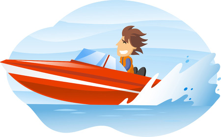 cartoon illustration of a man driving an speedboat.のイラスト素材