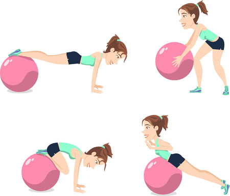 Stability Ball Exercise Weight Training Swiss Balance Fitness Gym, vector illustration cartoon.のイラスト素材