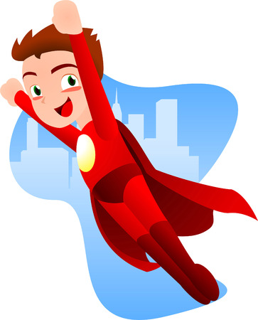 Superhero boy flying ready to work with a light blue city background vector illustration. With red costume and red cape, smiling hero.のイラスト素材