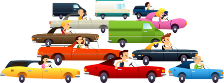 Traffic jam with cartoon cars and really angry and annoyed characters. Vector Illustration Cartoon.のイラスト素材
