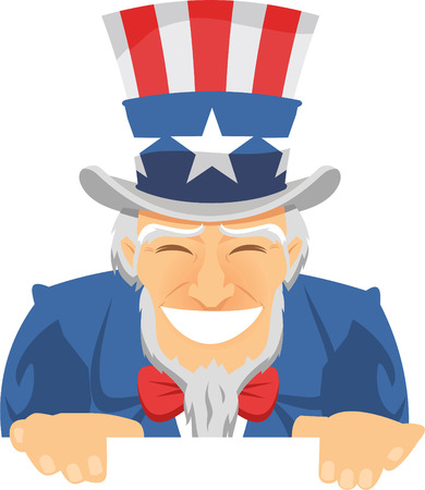 Uncle Sam Happily Smiling with american flagged top hat and blue suit with red ribbon vector illustration.のイラスト素材