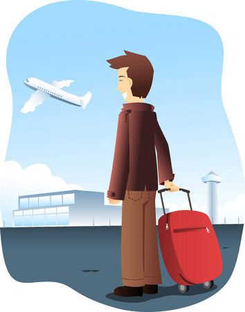 tourist at the airport watching a plane take off.のイラスト素材