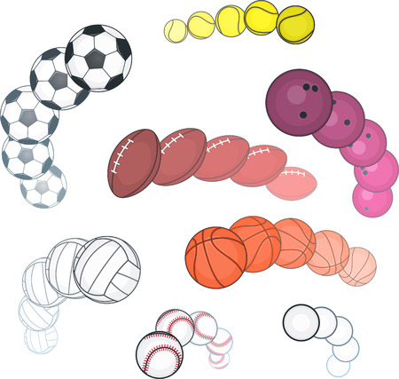 Ball collection, with Football ball, Basket ball, Tennis ball, Softball ball, Golf ball, Rugby ball, Volley ball, Bowling ball. Vector illustration cartoon.のイラスト素材