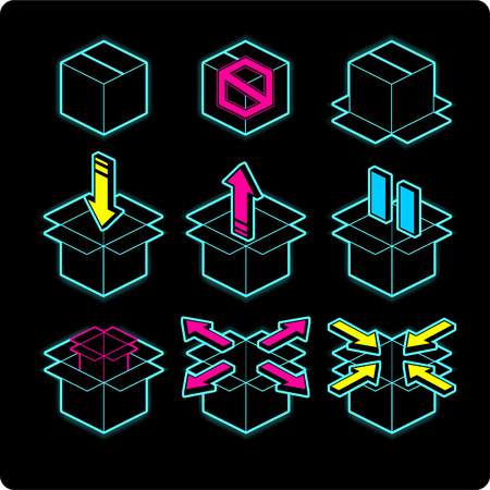Box neon light icons, with direction arrows: up, down, left and right. Parallel, outside, inside, closed opened, inside. Vector illustration cartoon.のイラスト素材