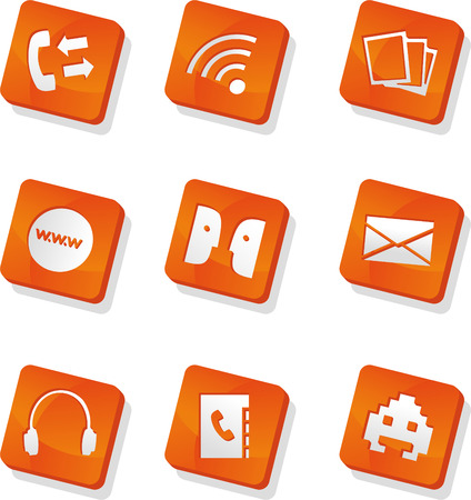 Cell phone communication icon set, with phone, signal, messages, internet, envelope, headphones, contact list and games vector illustration icon set.のイラスト素材