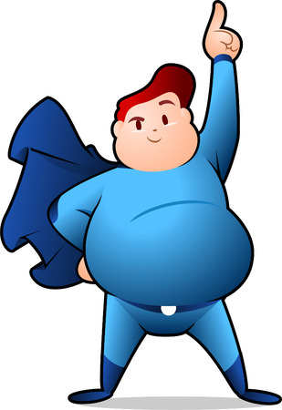 Chubby Superhero posing with blue superhero costume and blue cape vector illustration.のイラスト素材