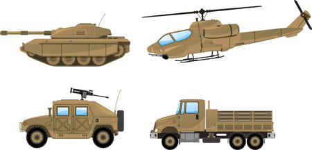 Military Desert Tank, helicopter, trunk, land vehicle. Vector illustration.のイラスト素材