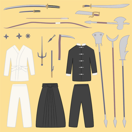 Martial arts equipment and weapons cartoon illustrationsのイラスト素材