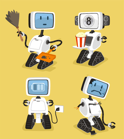 Robot Set with happy cleanin popcorn charging sad robots vector illustration.のイラスト素材