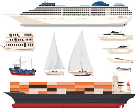 Ten different ships and boat in different shapes and sizes, like vessel, bark, yacht, steamboat, craft, watercraft, lifeboat, speedboat, catamaran, gondola, ferryboat, barque, cruise ship, rowboat, rowing boat, motorboat, longboat, canal boat vector illusのイラスト素材