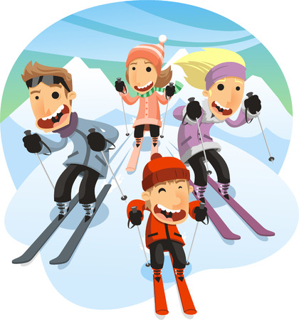 Family Skiing, with mother, father and sons. Vector illustration cartoon.のイラスト素材