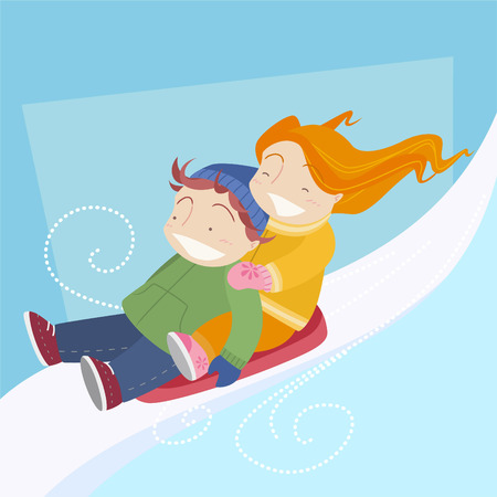Two kids Skiing in Toboggan Sled in a snow cart. Vector illustration cartoon.のイラスト素材