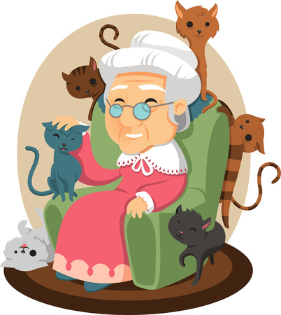 old lady with cats all over cartoon illustrationのイラスト素材