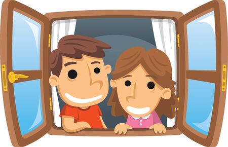 Boy and Girl smiling through the Window illustration cartoon.のイラスト素材
