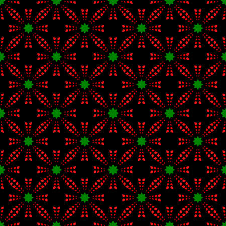 Red pattern with green stars on black seamless background.のイラスト素材