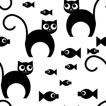 Seamless wallpaper with cartoon cats&fishesのイラスト素材