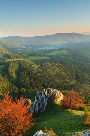 Landscape with rocky mountains at the sunriseの写真素材