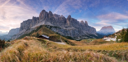 Summer view of Sella Mountain and Sella pass with Saas Pordoi peak, passo Gardenaの写真素材