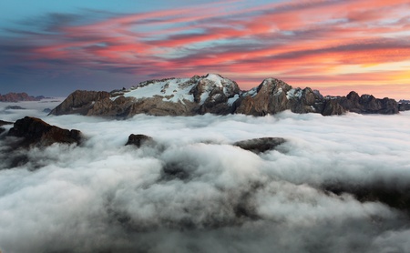 Mountain Marmolada at sunset in Italy dolomites at winterの写真素材