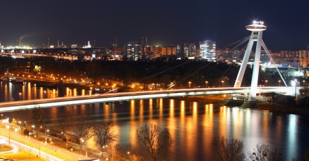 Bratislava bridge at night, Slovakiaの写真素材