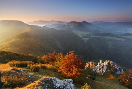 Landscape with rocky mountains at sunriseの写真素材