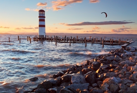 Lighthouse at Lake Neusiedl at sunsetの写真素材