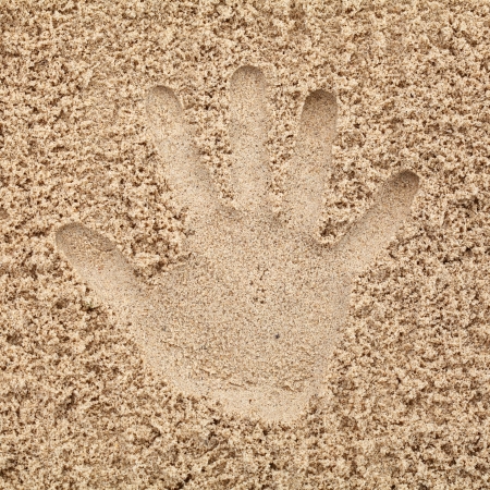 Hand in sand on beachの写真素材