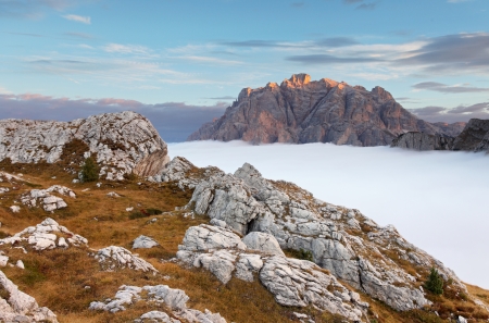 Beautiful summer landscape in the mountains. Sunrise - Italy Dolomitesの写真素材