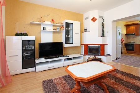 Beautiful living room with fireplaceの写真素材
