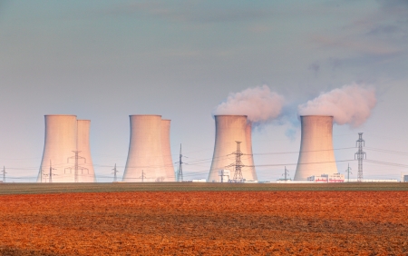 Nuclear power plant with cloudsの写真素材