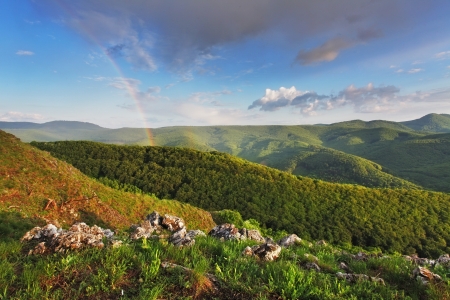 Rainbow in green mountainの写真素材