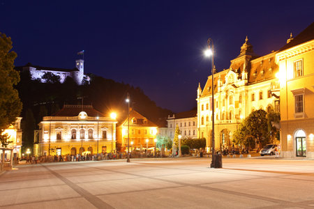 Main square city of Slovenia and Church of Holy Trinity, Ljubljana, Europe -のeditorial素材