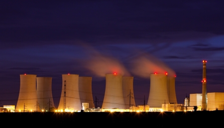 Nuclear power plant by nightの写真素材