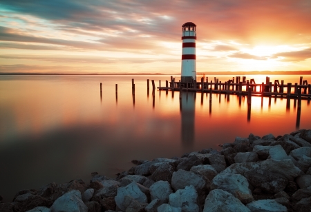 Landscape ocean sunset - lighthouseの写真素材