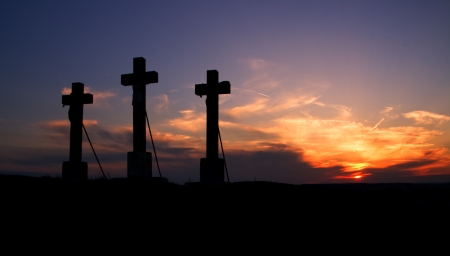 Tree crosses on sunsetの写真素材