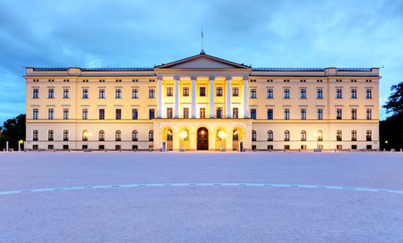 Royal Palace in Oslo at night, Norway のeditorial素材
