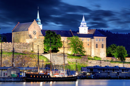Akershus Fortress at night, Oslo, Norway のeditorial素材