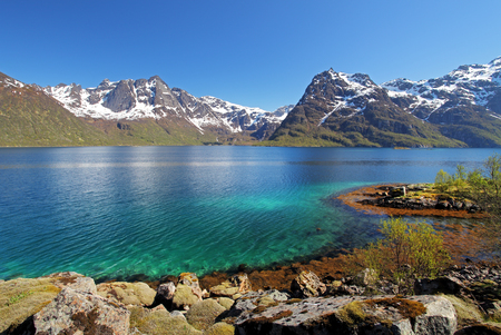 Moutain and lake sea landcape in Norwayの写真素材
