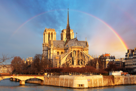 Notre Dame with rainbow, Parisの写真素材