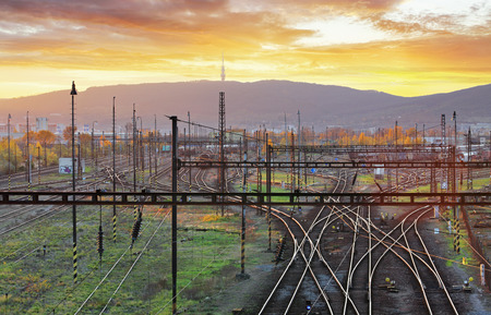 Railway, railroad lines at sunset