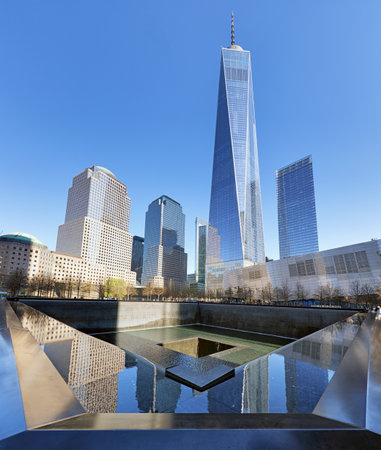 NEW YORK CITY - APRIL 17: NYC's 9/11 Memorial at World Trade Center Ground Zero seen on April 17, 2016. The memorial was dedicated on the 10th anniversary of the Sept. 11, 2001 attacks.のeditorial素材