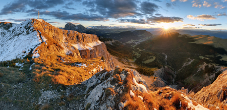 Witner autumn mountain at sunset, Val Gardena from peak Seceda, Dolomites.の写真素材