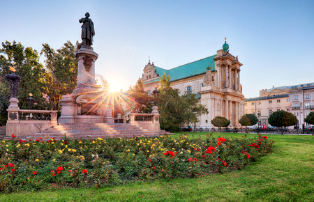 Warsaw - Adam Mickiewicz monument at Krakowskie Przedmiescie Street, Polandのeditorial素材