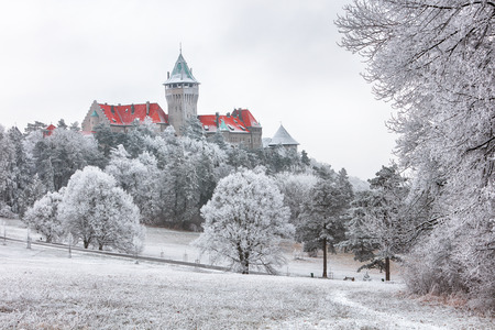 Winter landcape with castle Smolenice, Slovakia.の写真素材