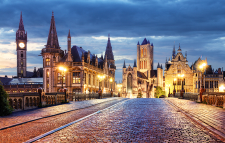 Ghent, Belgium during night, Gent old townの写真素材