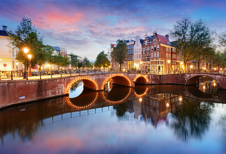 Amsterdam Canals West side at dusk Natherlands, Europeのeditorial素材