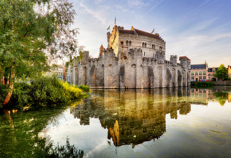 Castle Gravensteen in Gent at sunriseのeditorial素材