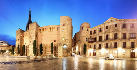 Barcelona - Placa Nova, Panorama with cathedral, Spainのeditorial素材